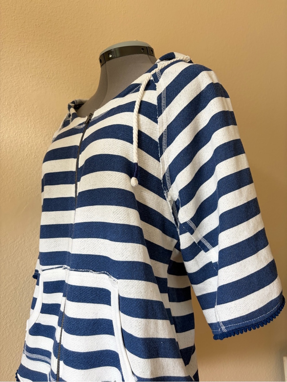 Roxy Striped Terry Cloth Hoodie Beach Cover Up Zip Front Poncho Top Coastal - Picture 3 of 12